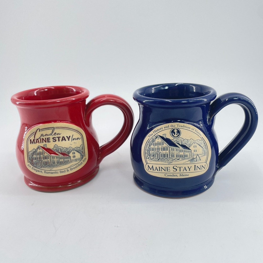 2 Deneen Pottery Maine Stay Inn Camden Squat Mug Red Blue Hand thrown Stoneware